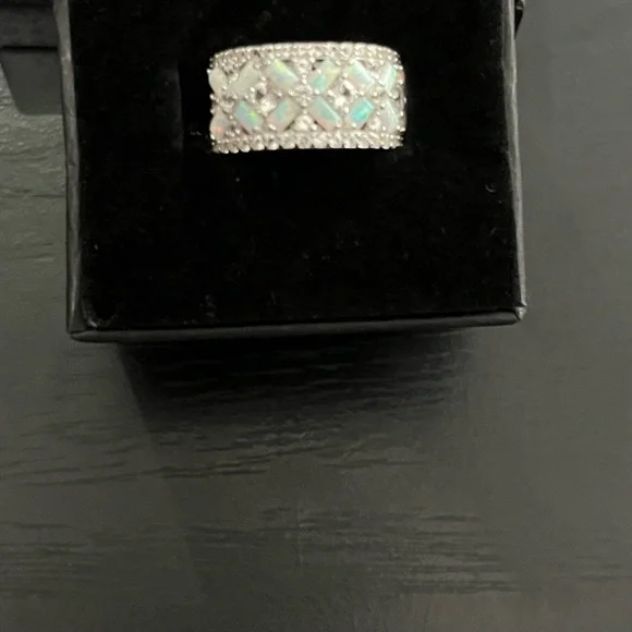 Sterling silver lab created opal and white sapphire X ring - Picture 4 of 6